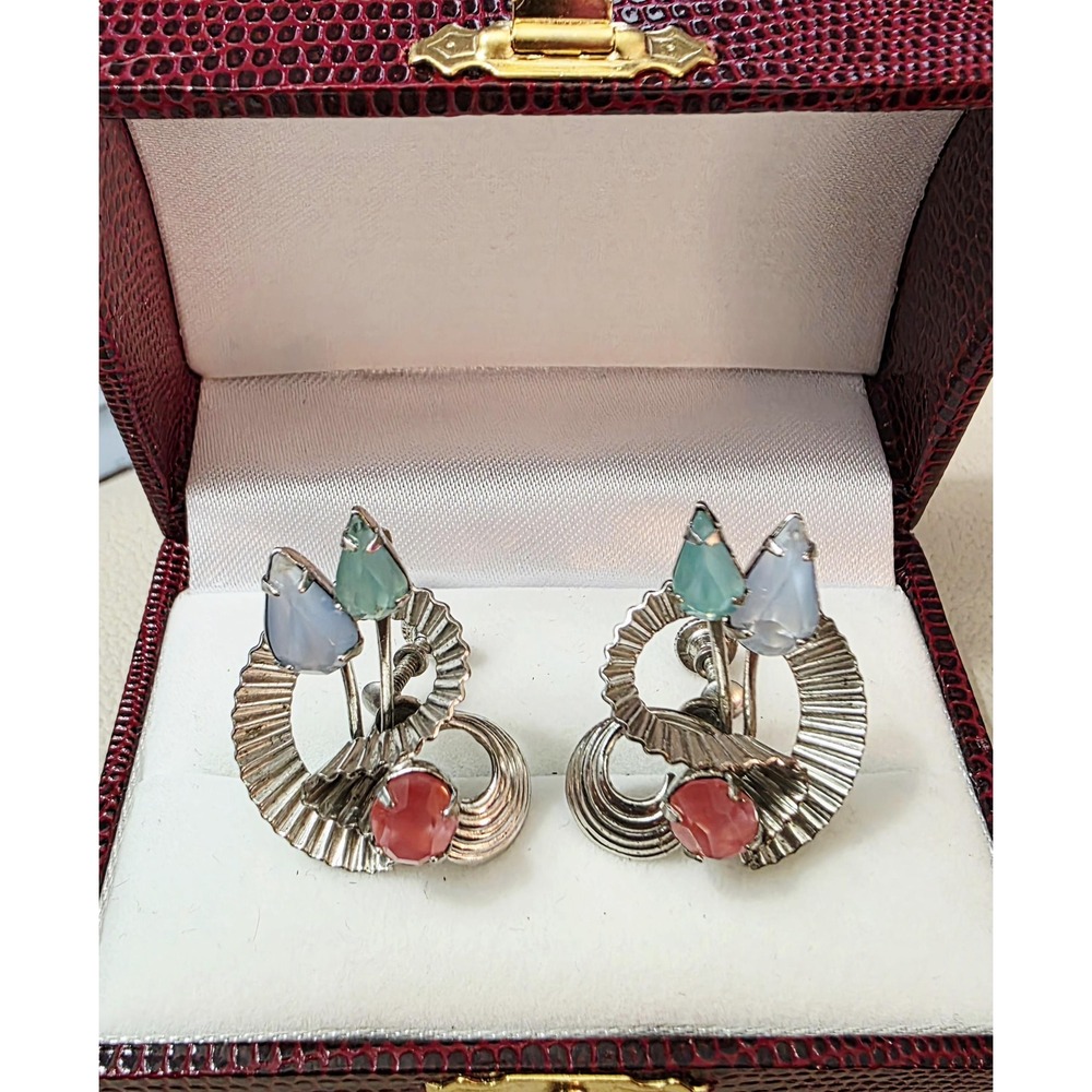 Vintage MCM Sterling Silver and Pastel Glass Screw-Back Earrings by Bond-Boyd